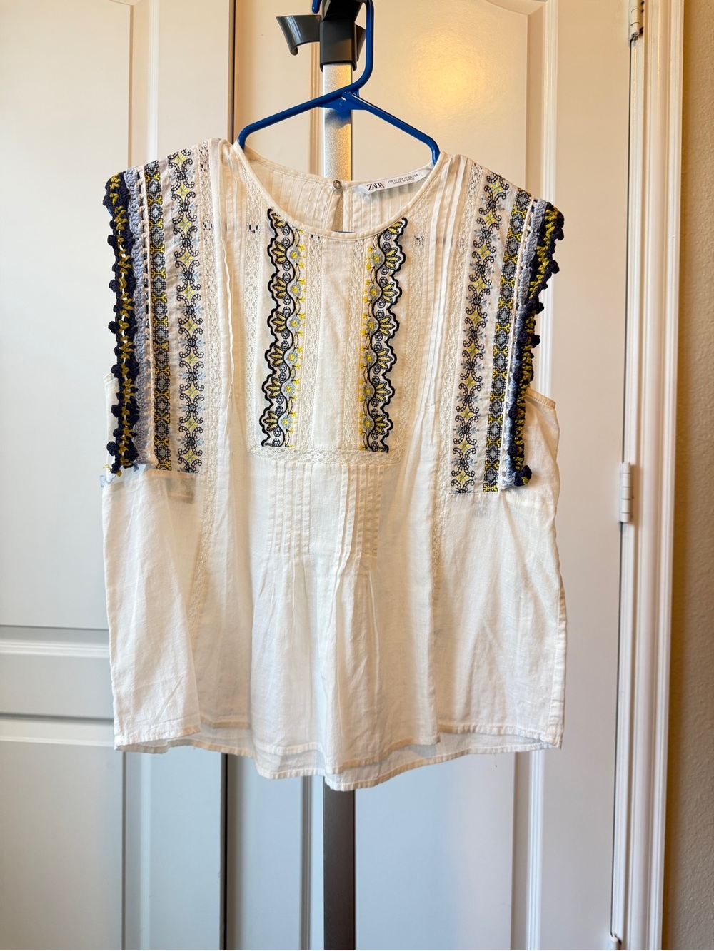 Zara White Sleeveless Embroidered Camisole with Navy & Yellow Trim
